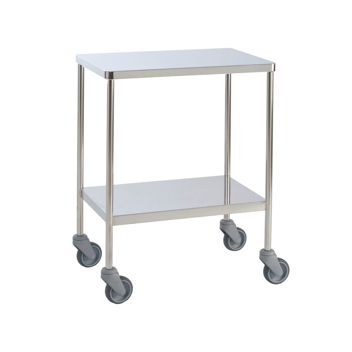 Tables à instruments inox angles arrondis - tubes ronds - 2 plateaux