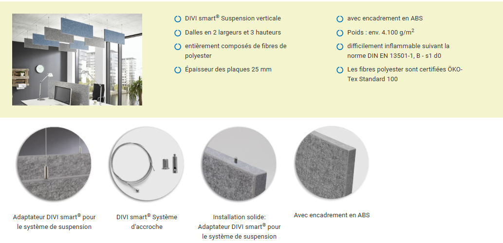 Panneaux suspendus acoustiques- Dalles plafond - DIVI Smart