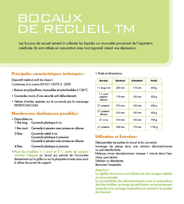 Bocal de recueil 2 L avec patte de support moulée et couvercle plastique à pression